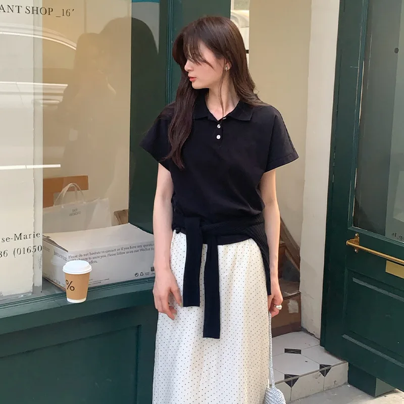 

NEW 90% cotton t shirt women polo collar short sleeve shirts for women crop top women clothes
