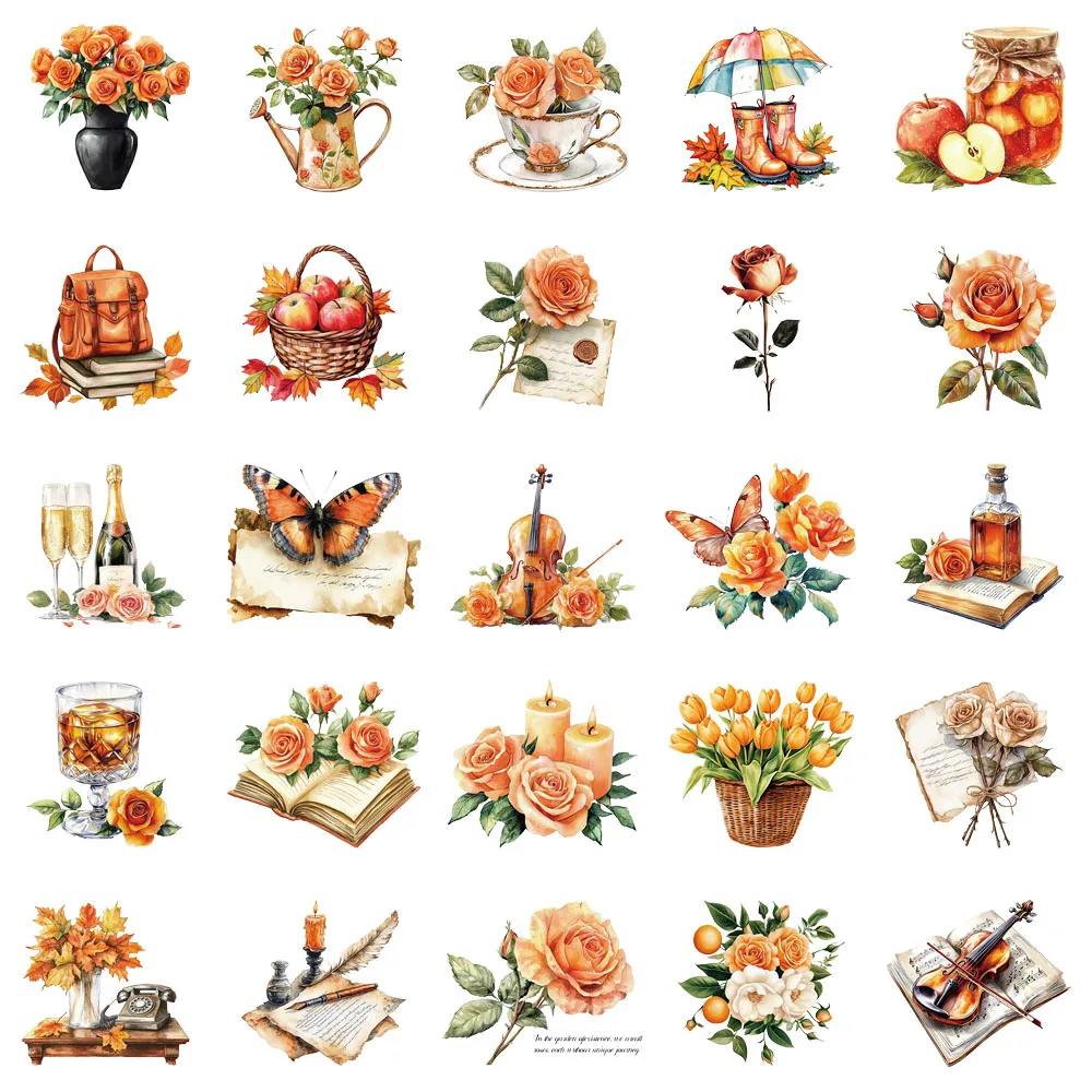 50PCS 오렌지 레트로 장식 낙서 스티커 DIY 수하물 노트북 스케이트 보드 오토바이 애완 동물 방수 스티커