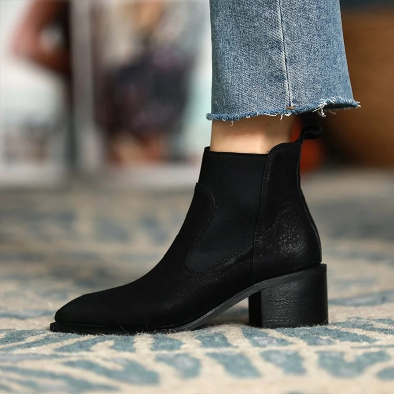 Botines de piel de vaca con banda elástica para zapatos estilo Retro, Chelsea, de invierno, 42| | - AliExpress