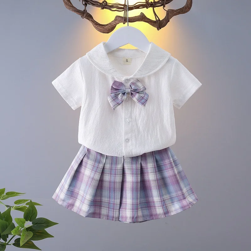 2024 summer new girls sailor short white bowknot T shirt blouse + jk plaid pleated skirt suit teenager children set 4 12 year - Image 6
