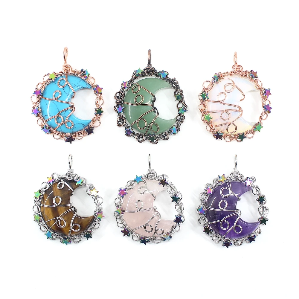 

Natural Stone Moon Star Shape Pendant Wire Wrap Amethyst Tiger Eye Lapis Quartz For Jewelry Making Necklace Fashion Charm Gift