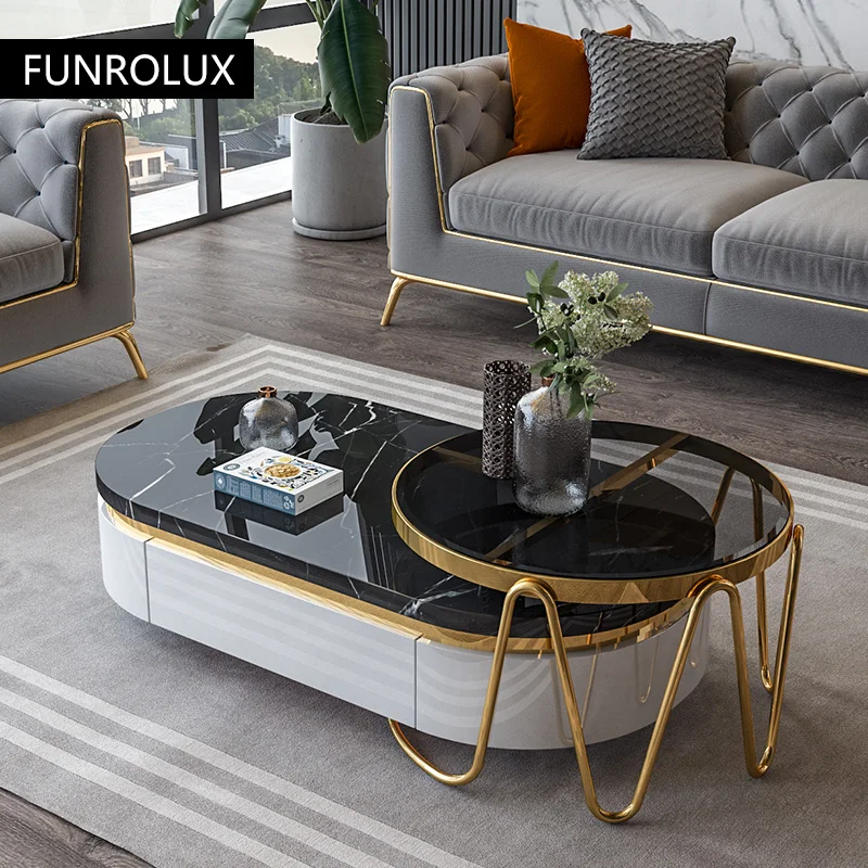 

Light Luxury Coffee Table Living Room Modern Simple Multifunctional Marble Furniture White Glossy Light Luxury Oval Coffee Table