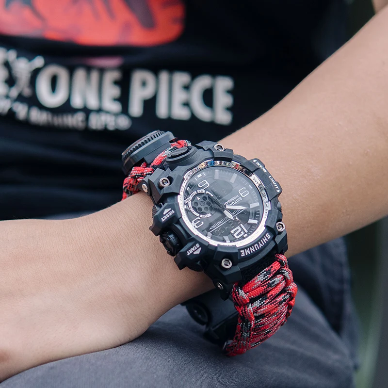 Enhanced Outdoor Survival Waterproof Military Tactical Watch with Paracord Bracelet, Compass, and Thermometer