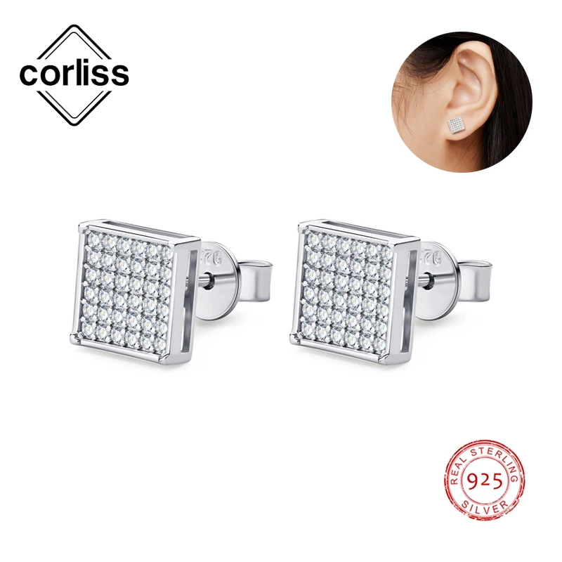 

Corliss Men Women Unisex Moissanite Square Insert Stud Earring Gold Plated 925 Soild Sterling Silver Trendy Fashion Jewelry Gift