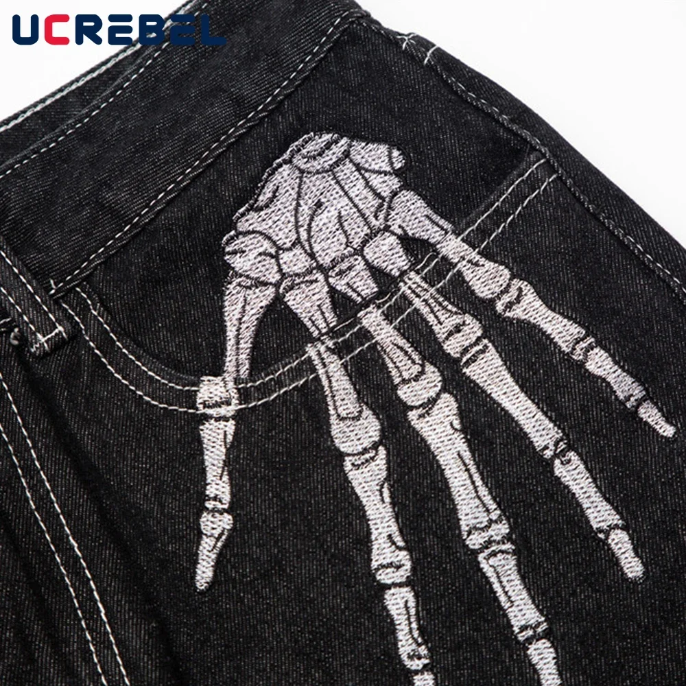 Skeleton Hand Embroidery Denim Pants Mens High Street Wide Leg Pants Streetwear Loose Casual Trousers Jeans Men 6