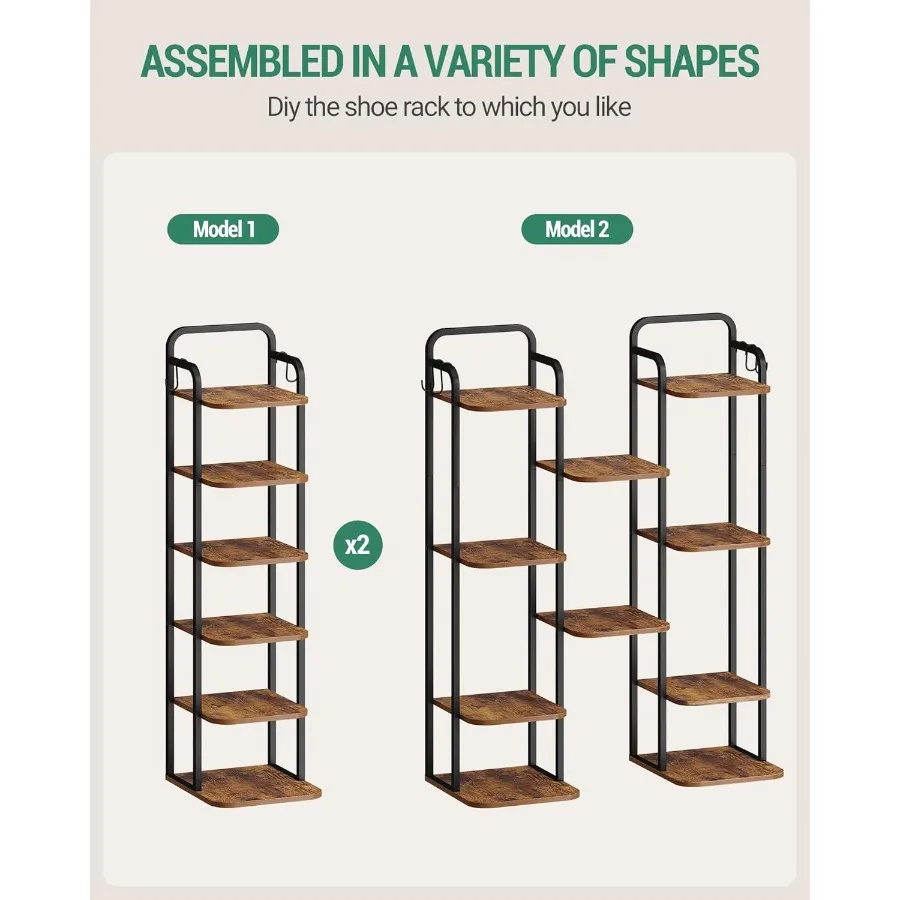 6 Tiers Vertical Shoe Rack Narrow Shoe Tower Tall Shoes Shelf with 2 Hooks Adjustable Shelves Corner Shoes Shelves for Small Sp