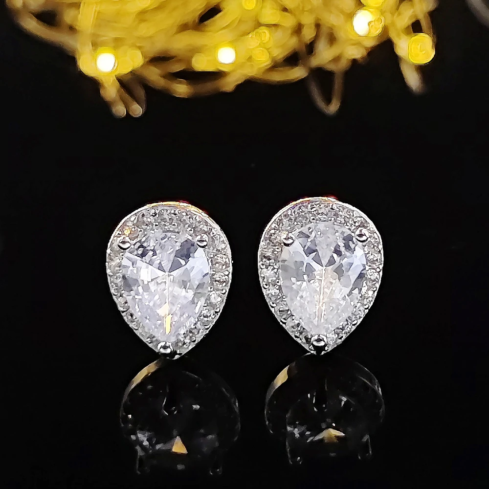 2pcs Pack Real silver color bride pear zircon jewelry set Engagement ring stud earring for Wedding christmas gift J1473