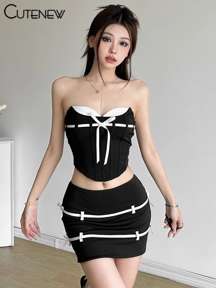 Conjunto de 2 piezas con lazos y rayas para mujer, top corto con escote en V y minifaldas de cintura alta, atuendos impresionantes.