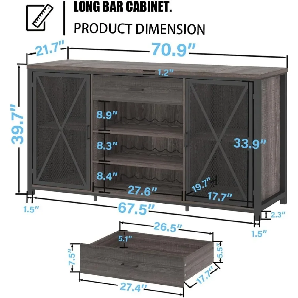Long Bar Cabinet with Fridge Space, Farmhouse Big Liquor Cabinet with Drawer Storage, Rustic Wood Metal Large Wine
