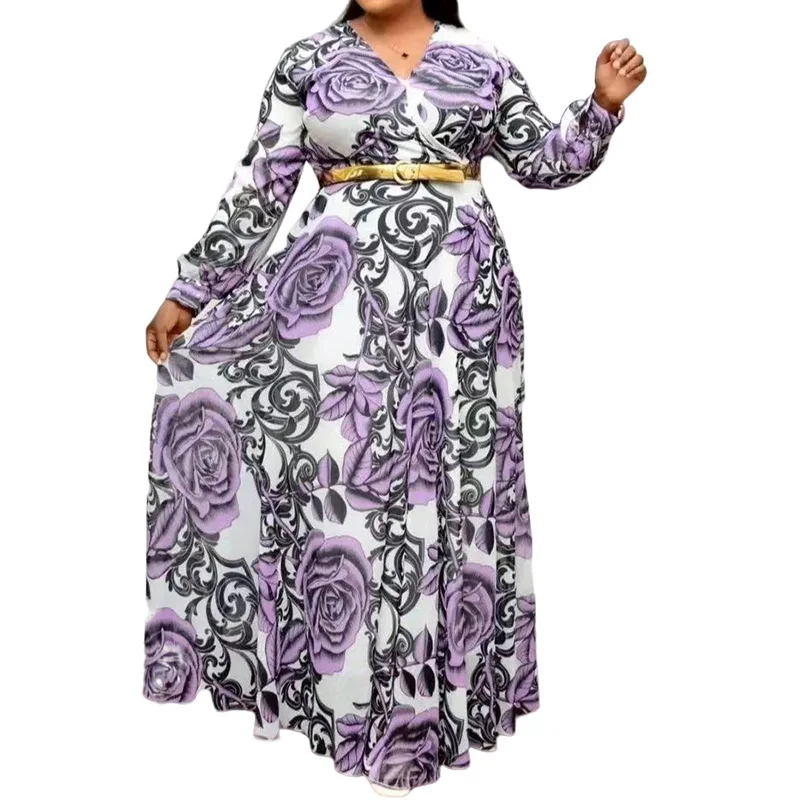Plus Size Women's Clothing Plant Flowers Printing Robe Femme Spring Autumn Casual V-Neck Sashes Long Sleeve Loose Maxi Dresses