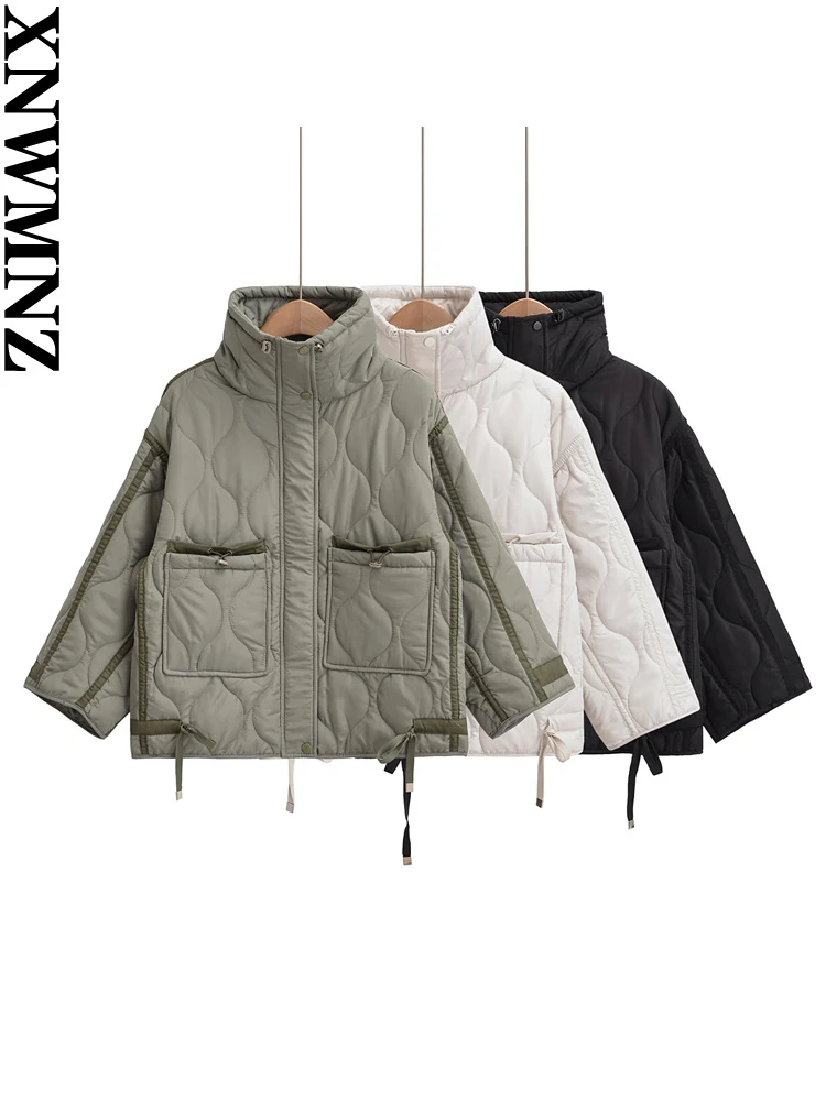 XNWMNZ Women's Fashion 2023 Autumn/Winter Quilted Padded Jacket Women Vintage Stand Neck Pocket Zipper Casual Female Outerwear 