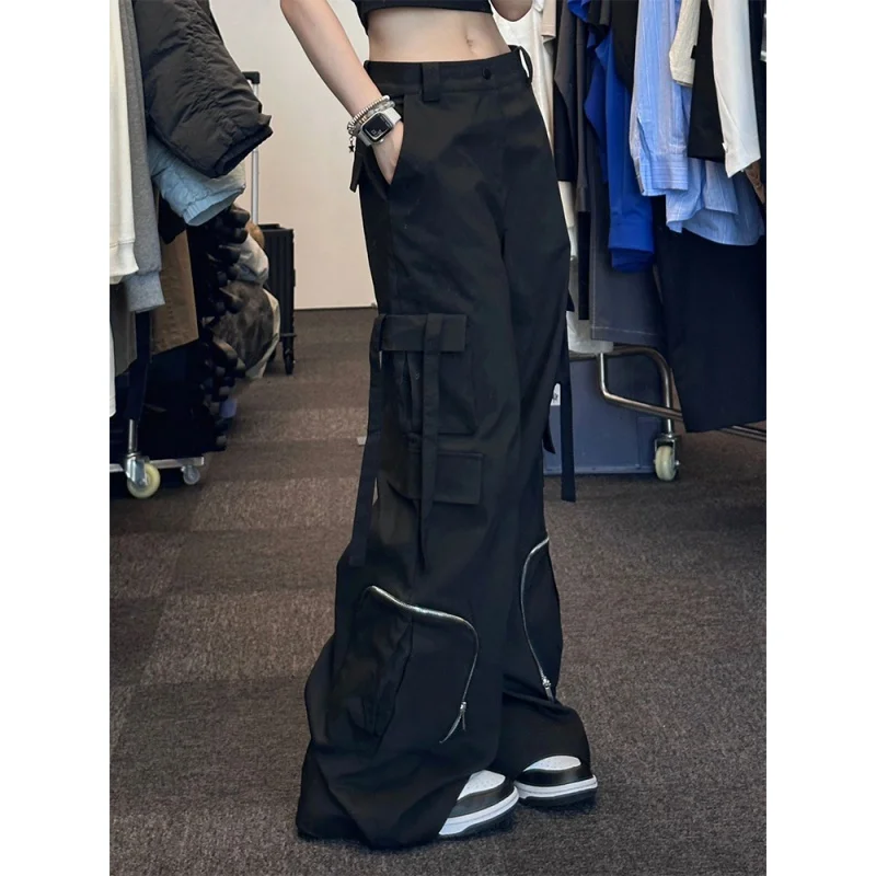 

Женские брюки в стиле ретро, черные повседневные широкие брюки с множеством карманов, модель Y2K в американском стиле, винтажные