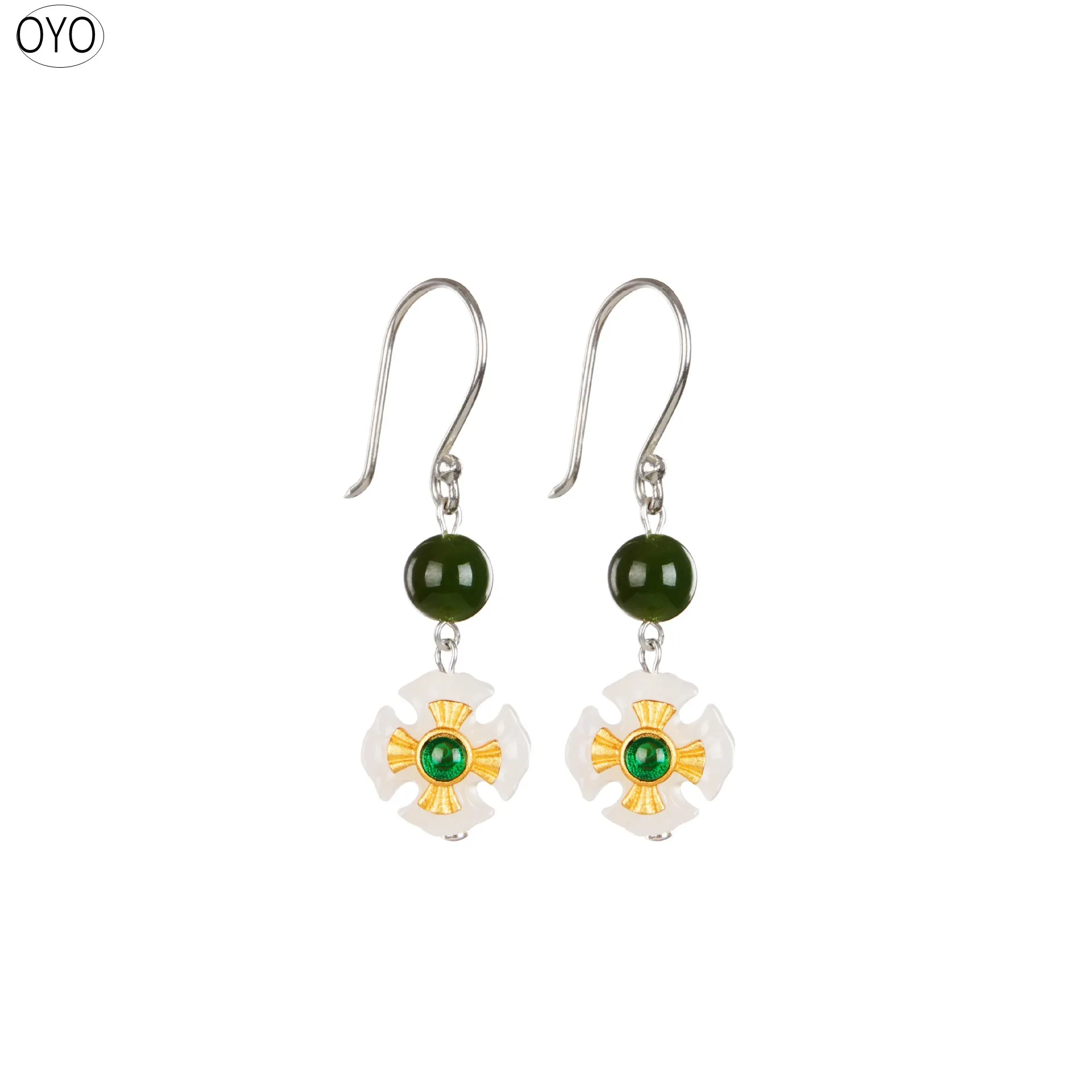 

100% s925 Стерлинговое Серебро, модные античные серебряные украшения для ушей, Классические лепестки, Сращивание, нефритовые бусины, аксессуары, женский темперамент