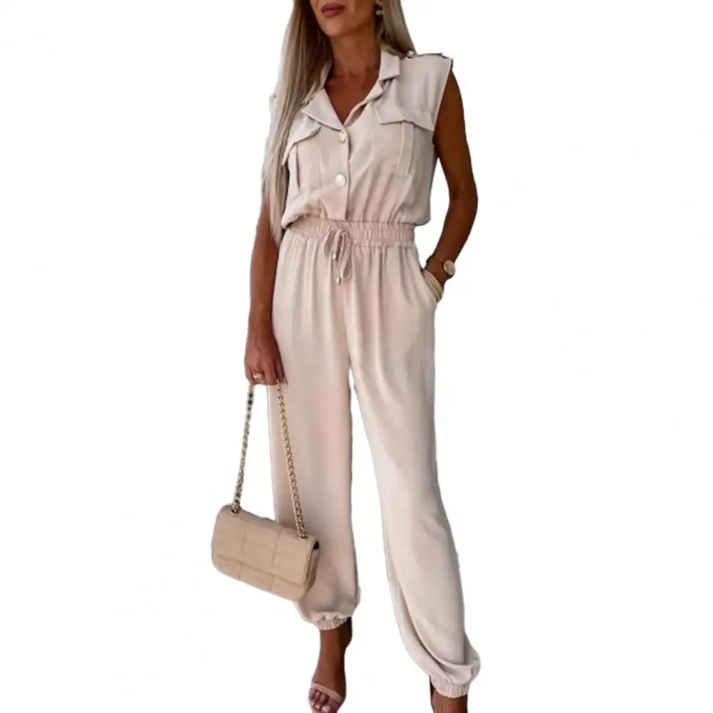 

Office Lady Lapel V-neck Sleeveless Jumpsuit Flap Pockets High Waist Elastic Waistband Drawstring Pockets Wide Leg Long Romper