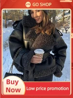 Vintage Patchwork Fur Leather Coats Women Lapel Lace Up Long Sleeve Thicken Warm Jacket 2025 Winter Lady New Streetwear Overcoat 1