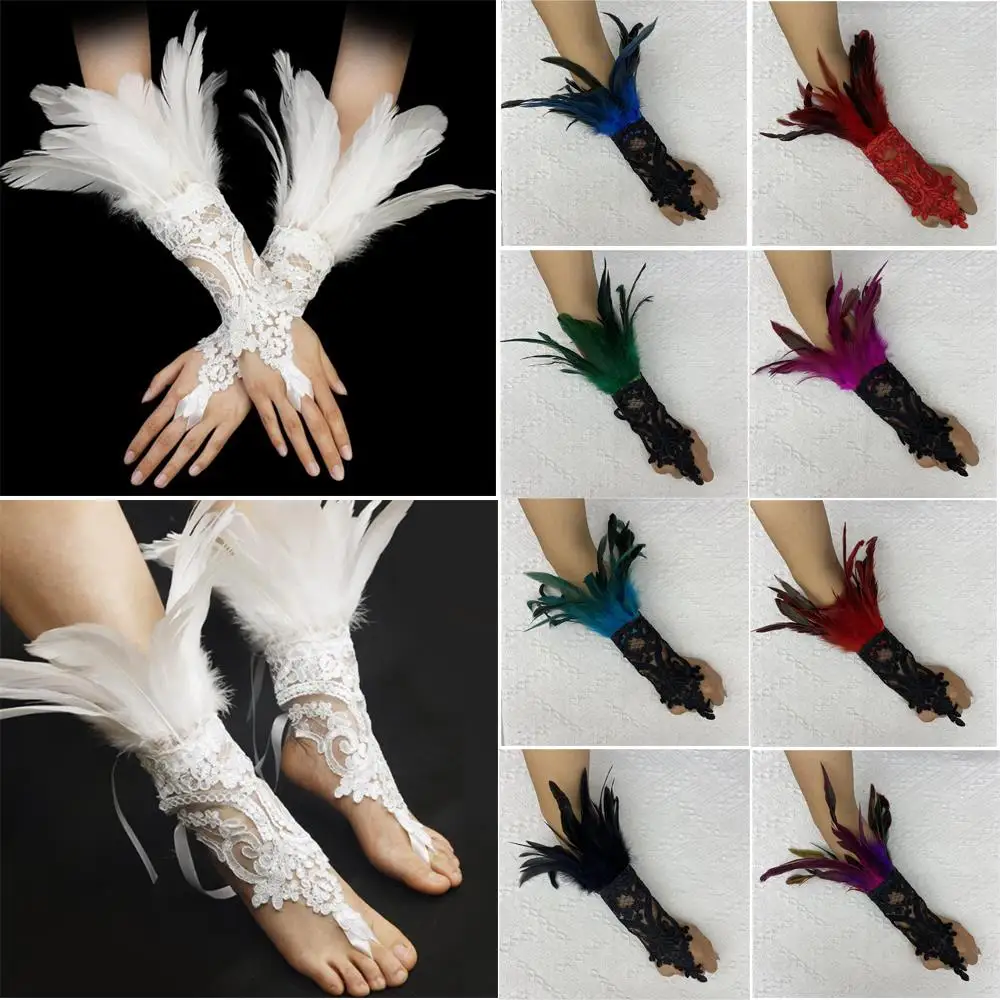 1PC Sexy Lace Feather Long Gloves Party Cosplay Lace Wrist Cuffs Wedding Party Show Costume Halloween Gothic Sleeves Accessories