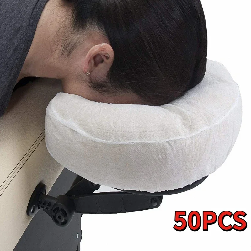 50 Pcs/pack Headrest Covers Fitted Disposable Massage Face Rest Cradle Covers White Color U-shaped Pillowcase Elastic Non-woven