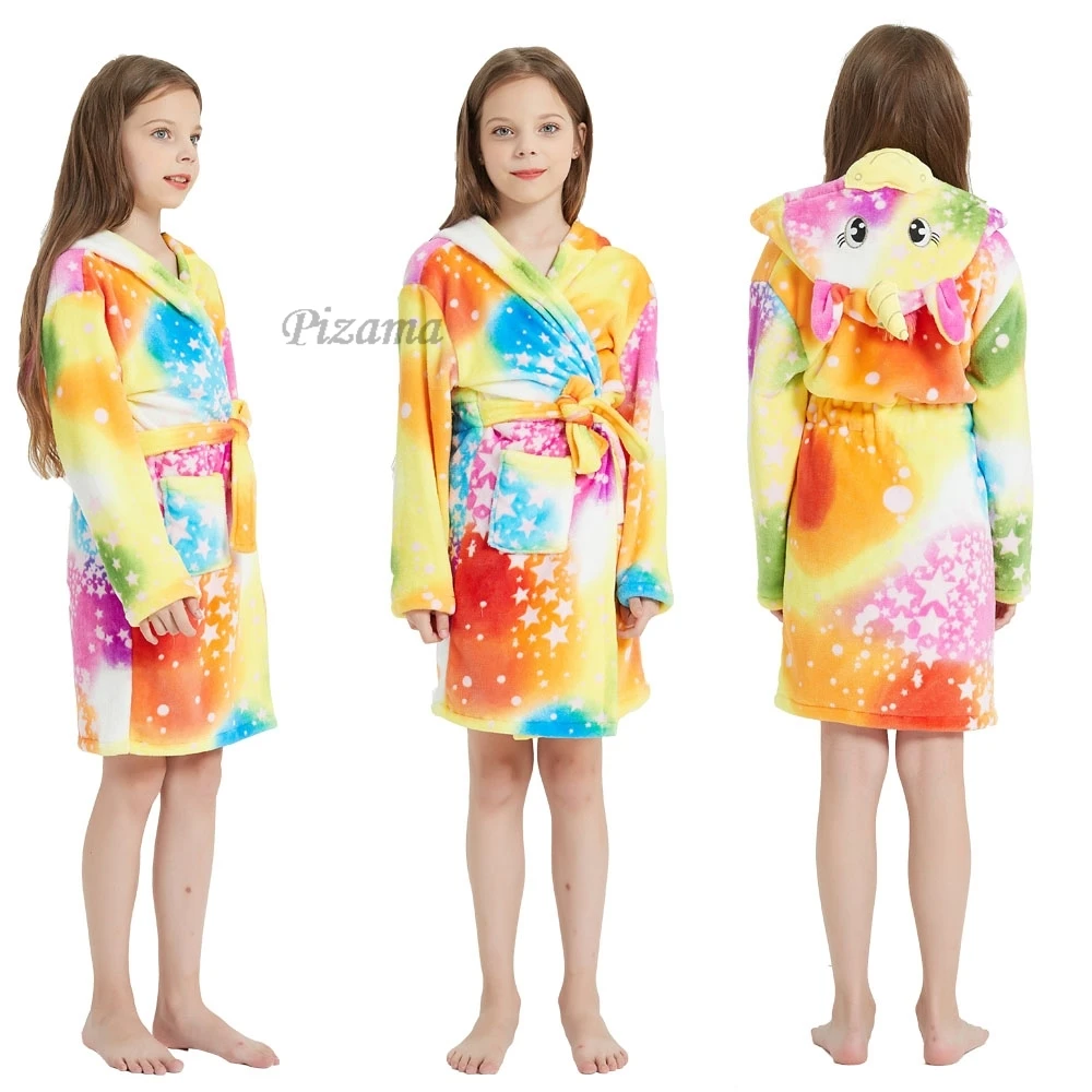 Girl Hooded Bathrobe Cartoon Unicorn And Rainbow Pattern Flannel Soft Warm Pocket Waistband Long Robe Pajamas Children Pajamas