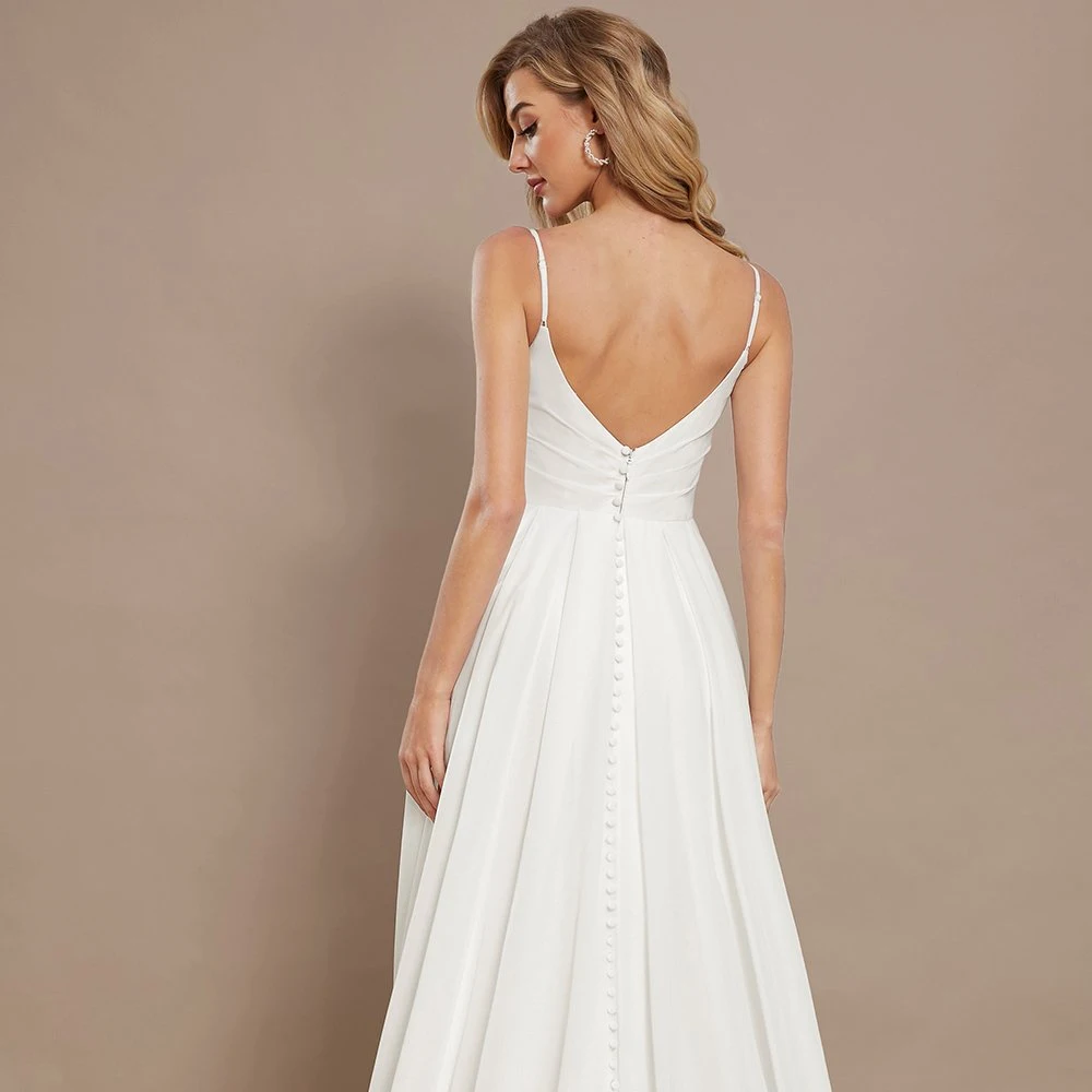 Simple Spaghetti Straps Wedding Dresses Boat Neck Sleeveless Bridal Grown Draped Front Slit Open Back A Line Vestido De Noiva 3