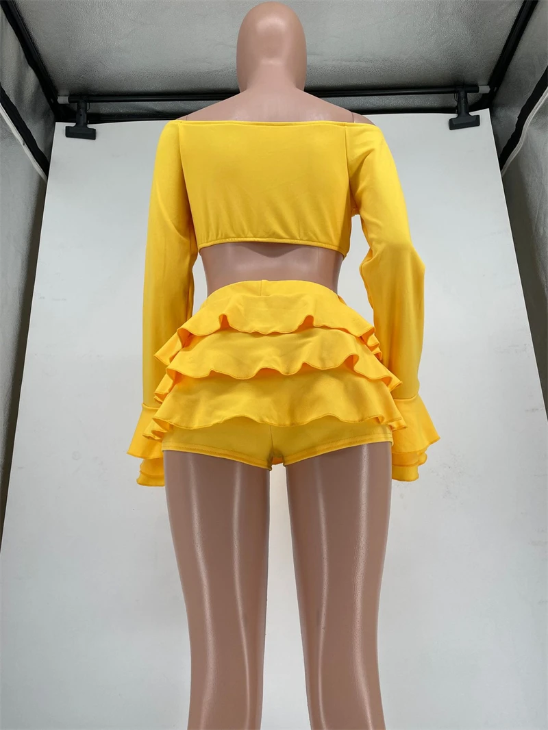 Solid Sexy Ruffles Two Piece Set Women Slash Neck Off Shoulder Long Flare Sleeve Crop Top Mini Shorts Skirts Fashoin Casual Suit