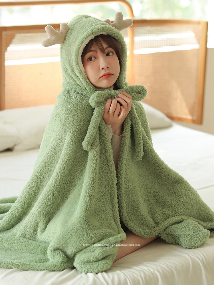 Korean version autumn winter deer cloak shawl blanket plush office nap thick warm cute nightgown student lazy cloak chic