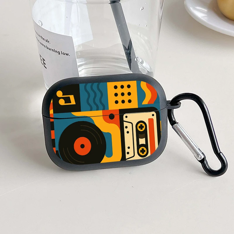 Chic Retro Music Pattern Earbuds Case with Keychain - TPU Protective Cover