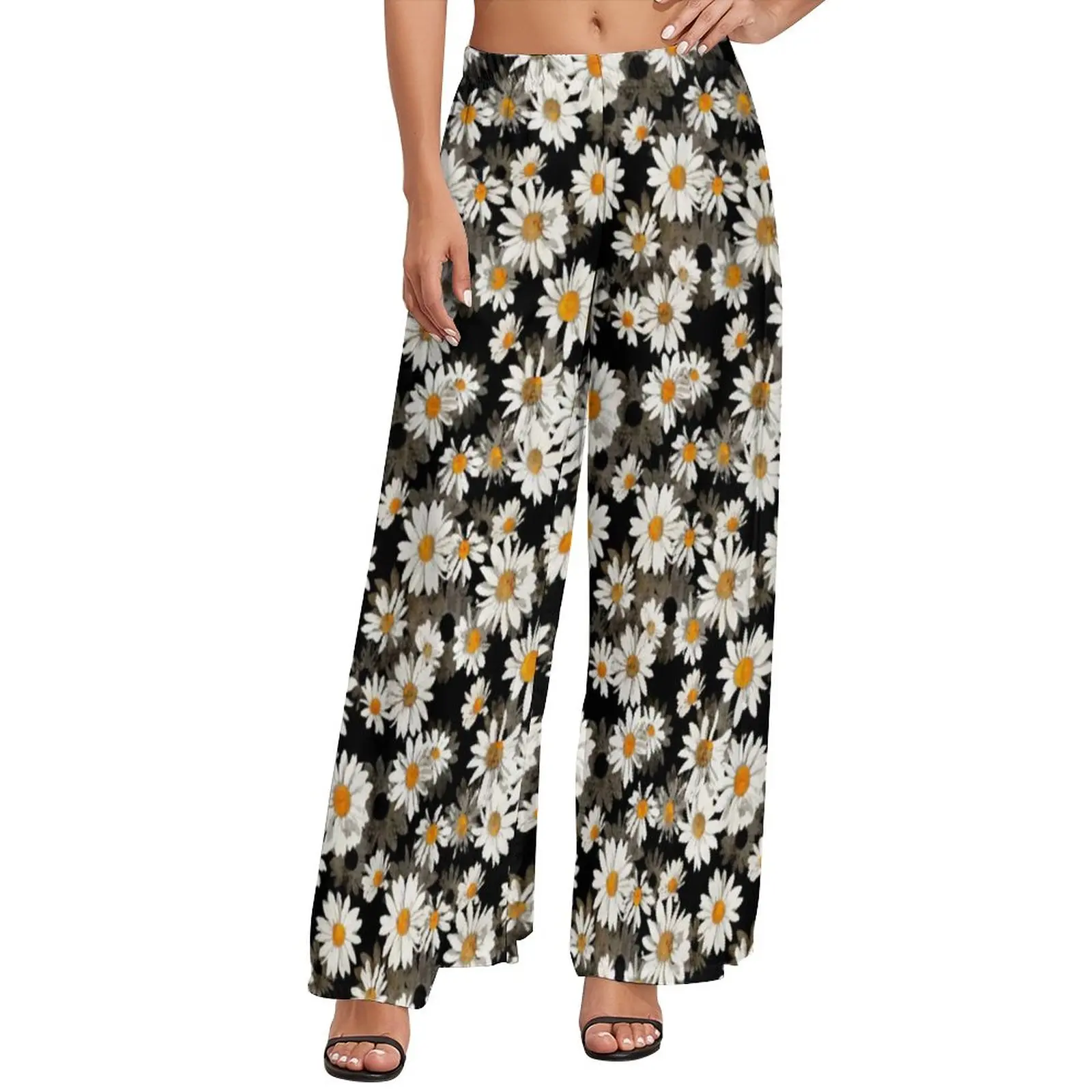 

Chic White Daisies Pants Blossom Floral Pattern Harajuku Straight Wide Leg Pants High Waisted Workout Trousers Big Size 5XL 6XL