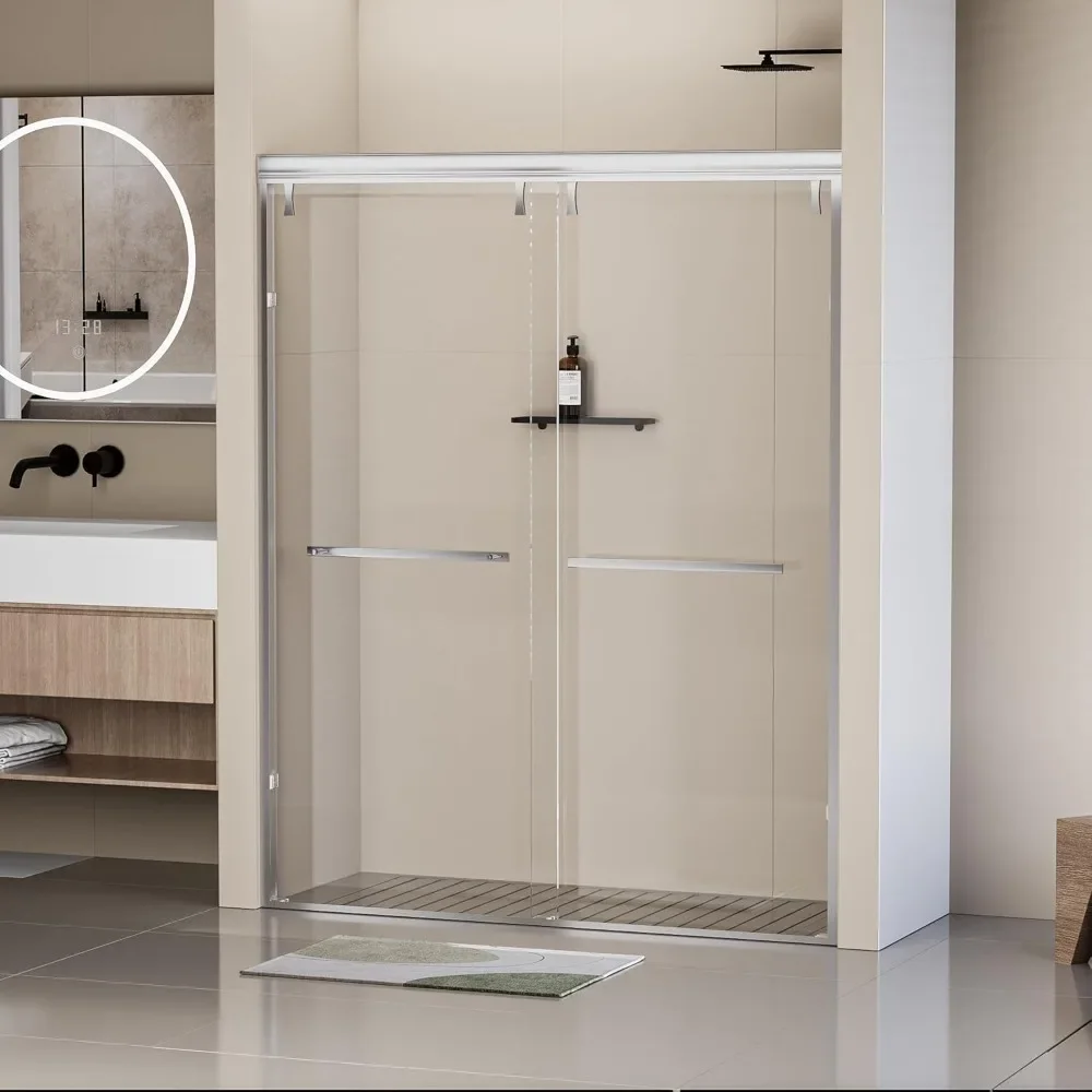 Shower Door 56-60"W Sliding Showers Doors Semi-Frameless Double Sliding with Burst Film Tempered Glass Bathroom Shower Door