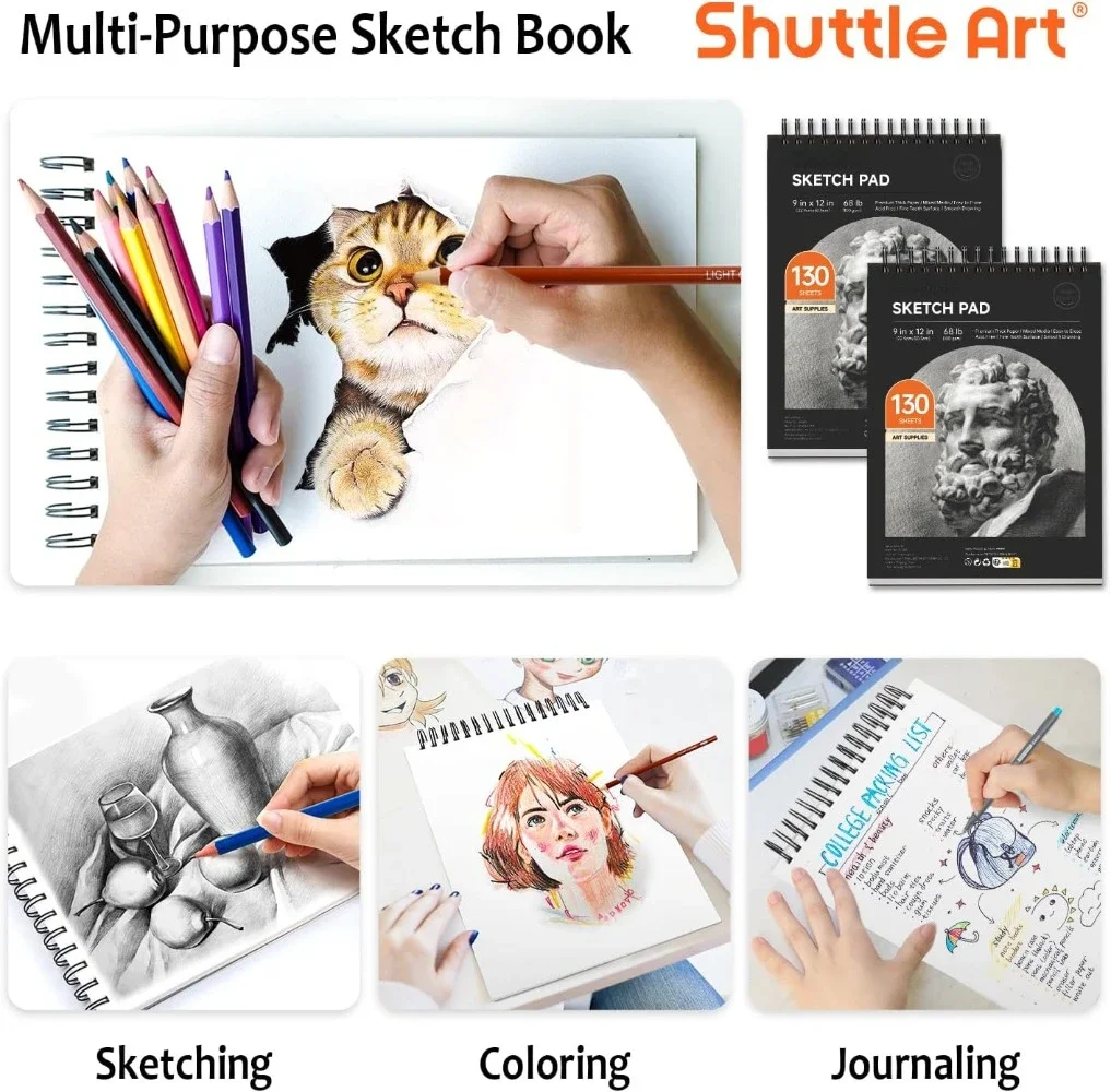 9"x12" sketchbook, 260 sheets (68 lb/100 g/m²) drawing pads, 2 packs, 130 sheets each, spiral bound sketchbook 2