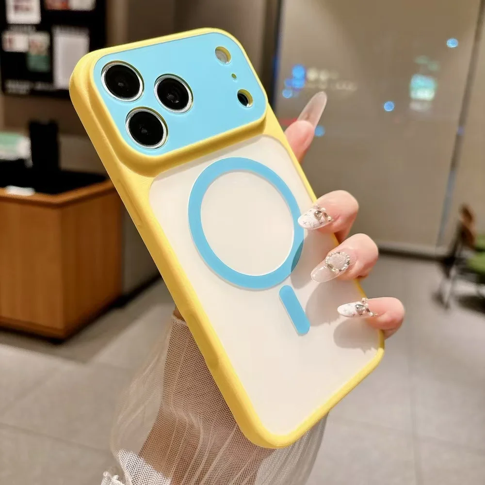 Vibrant Color Block Shockproof Phone Case with Magnetic Charging Compatibility