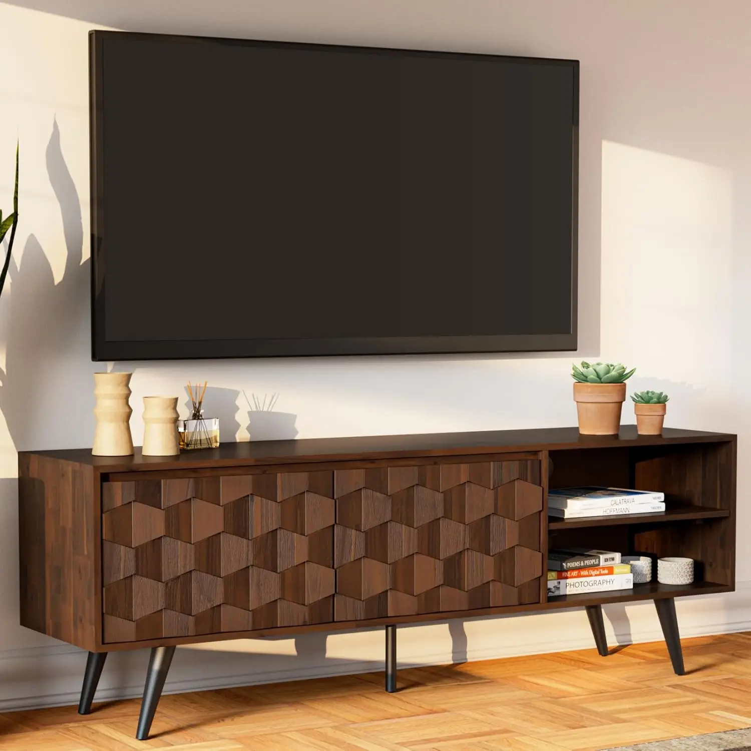 Georgina 65 Inch Solid Wood TV Stand, Under 10 Minutes Assembly Entertainment Center with Storage, Geometric Pattern TV