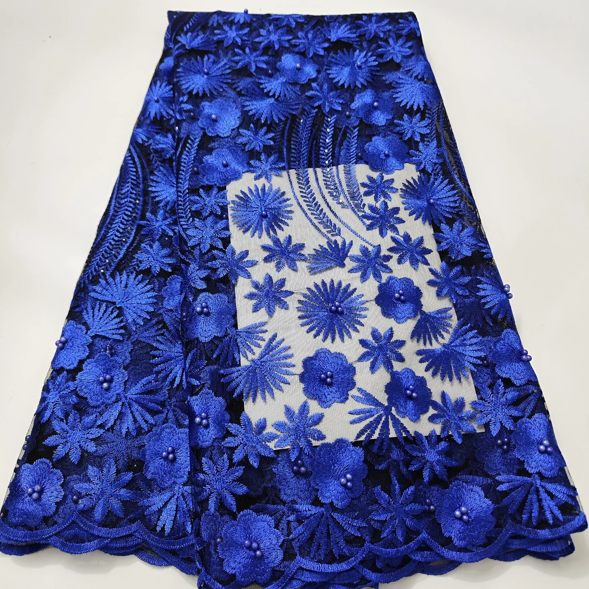 

2024 High Quality Royal Blue African Beads Lace Fabric French Nigerian Stones Mesh Tulle Lace Fabric For Party Dress Sew HX09A