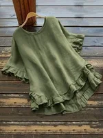 Women's Plus Size 1XL-5XL Solid Color Casual Short Sleeved Round Neck T-Shirt Ladies Ruffled Hem Women's Back Button Up Top