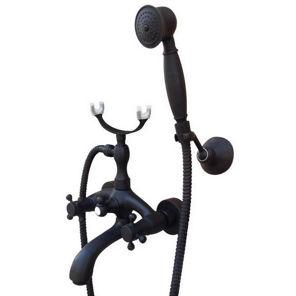

Black Oil Rubbed Brass Double Cross Handles Wall Mounted Bathroom Clawfoot Tub Faucet Bathtub Filler Mixer Tap with Hand Shower