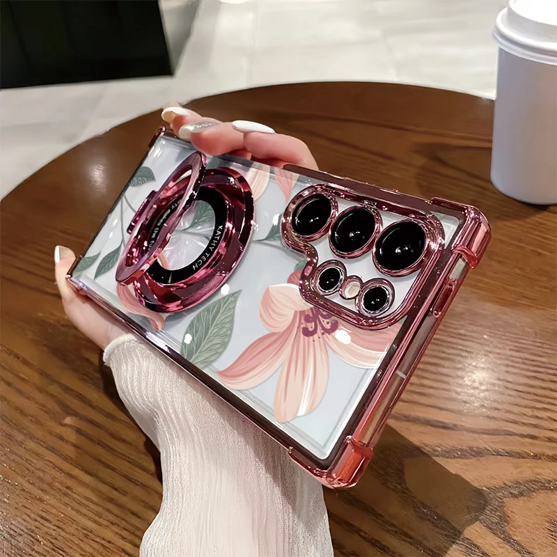 Flower Print Shockproof Phone Case with Bracket - Clear Cover Design