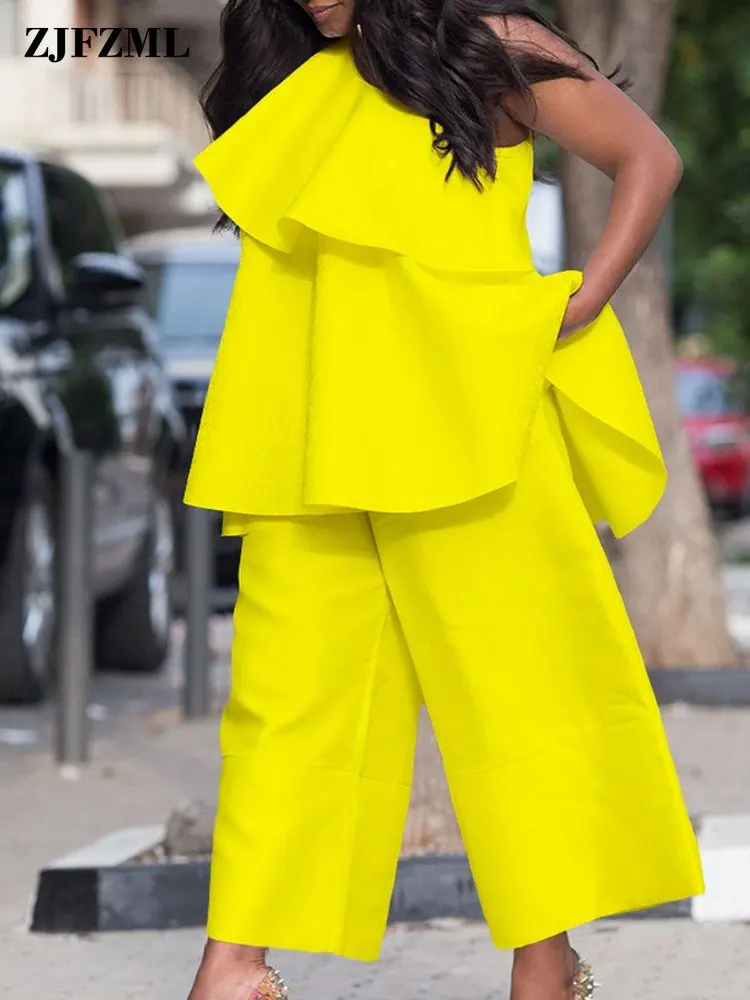 

Office Ladies Women's Work Business Suits One Shoulder Ruffles Spliced Loose Tops and Straight Leg Ankle Length Pant Tracksuit