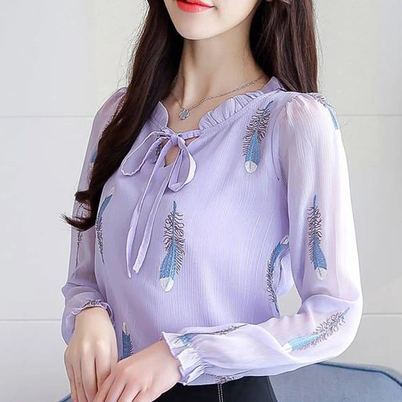 여성용 러플 레이스 업 블라우스, 우아한 셔츠, V넥 긴팔, 루즈한 상의, 용수철 가을, 한국 패션