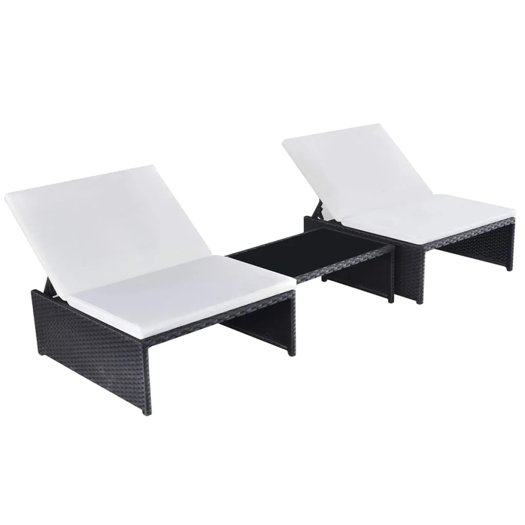 Outdoor Patio Garden Sun Lounger Lounge Chairs Set of 2 Pool Outside Deck 2 pcs with Table Poly Rattan Black