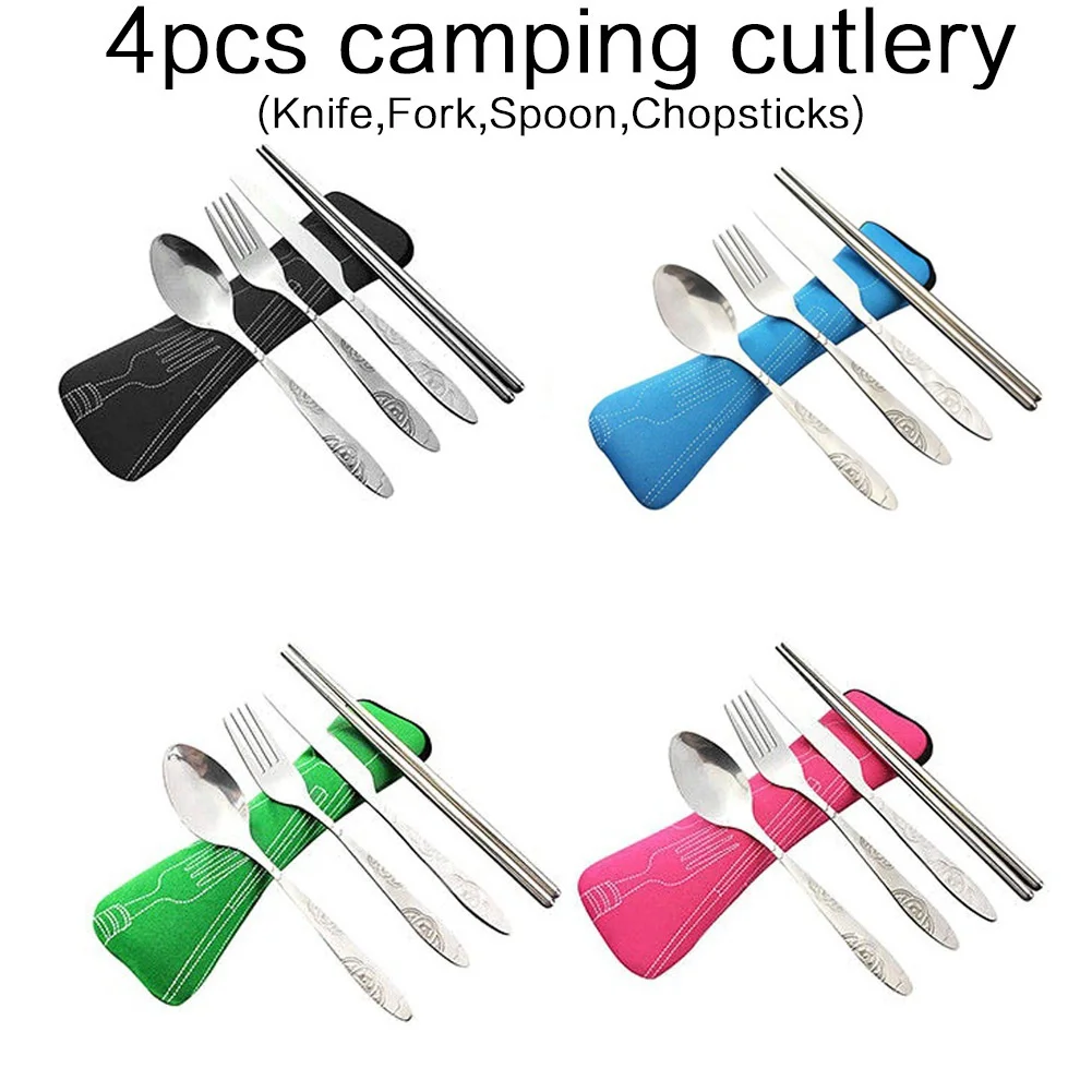 JJYY 4Pcs/3Pcs cutlery set Portable Printed Knifes Fork Spoon Stainless Steel Family Camping Steak Cutlery Tableware with Bag
