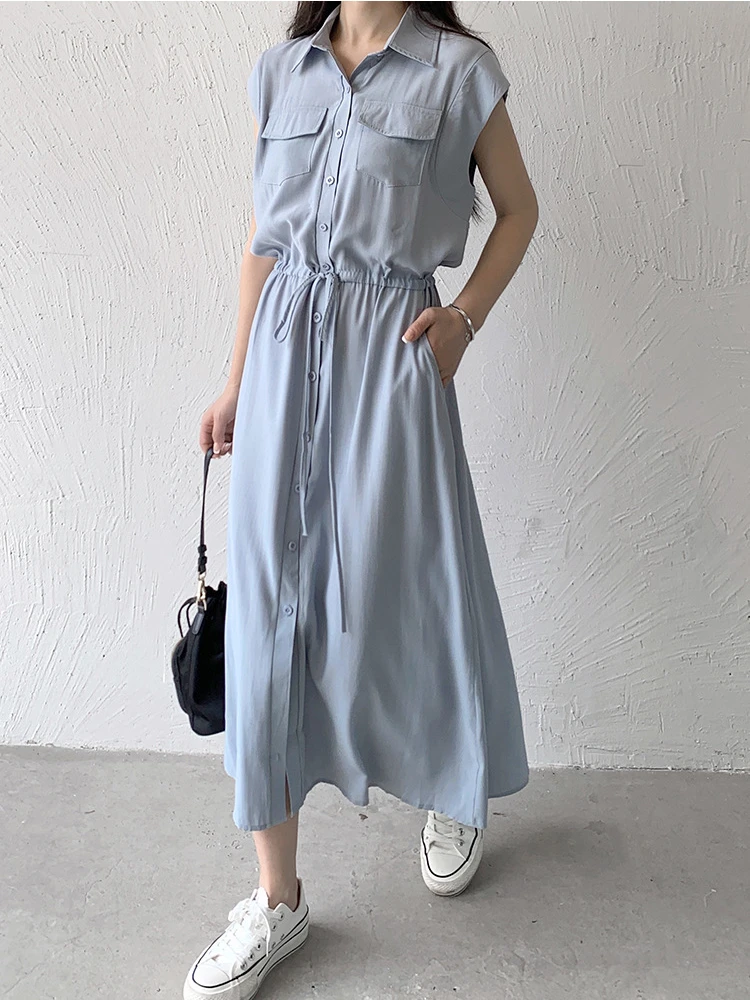 

Dress for Women 2023 Summer Side Pocket Lace-up Mid-length Solid Color Button Dress Casual Loose Lapel Shirt Skirt Streetwear
