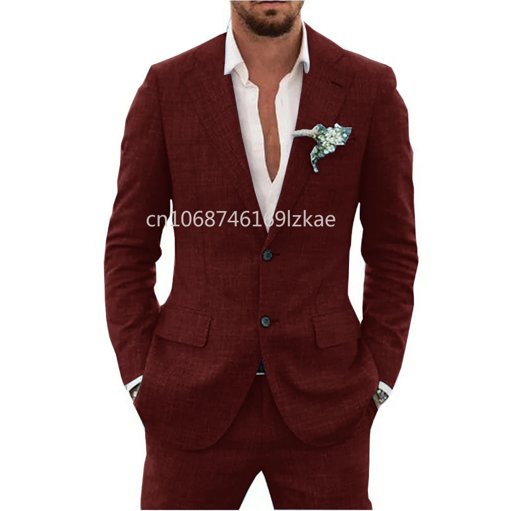2024 lino tessuto adatto completo da uomo colletto con risvolto monopetto 2 pezzi Set elegante uomo abiti Blazer di alta qualità - immagine 2