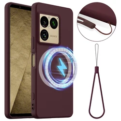 ELVEV Magnetic Soft Premium Silicone Phone Case with Flocking Interior and Strap Protection - Sony Xperia 1 VIII (Wine red)
