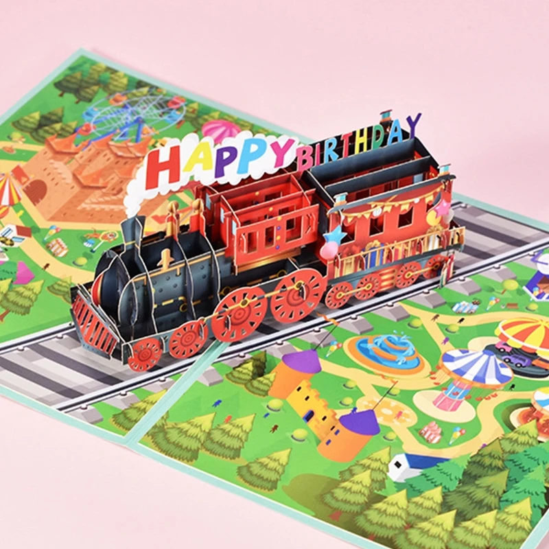 3D Pop Up Card Birthday Train Greeting Card Envelope Handmade Birthday