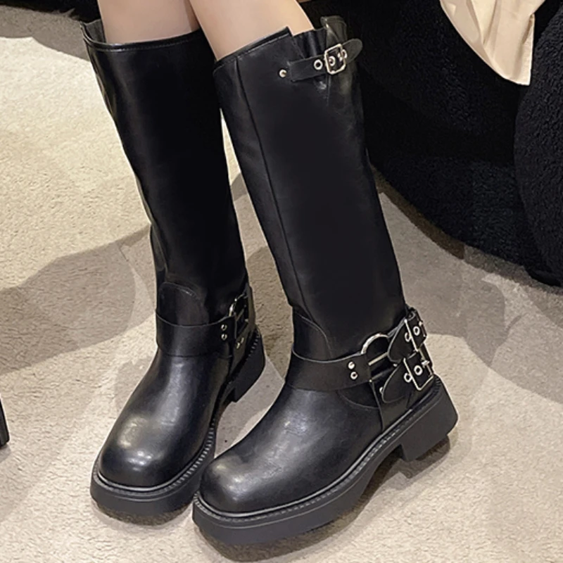 Shoes for Women 2023 Hot Sale Autumn Pull on Knee-High Women's Boots Solid Color Round Toe Platform Water Proof Western Boots