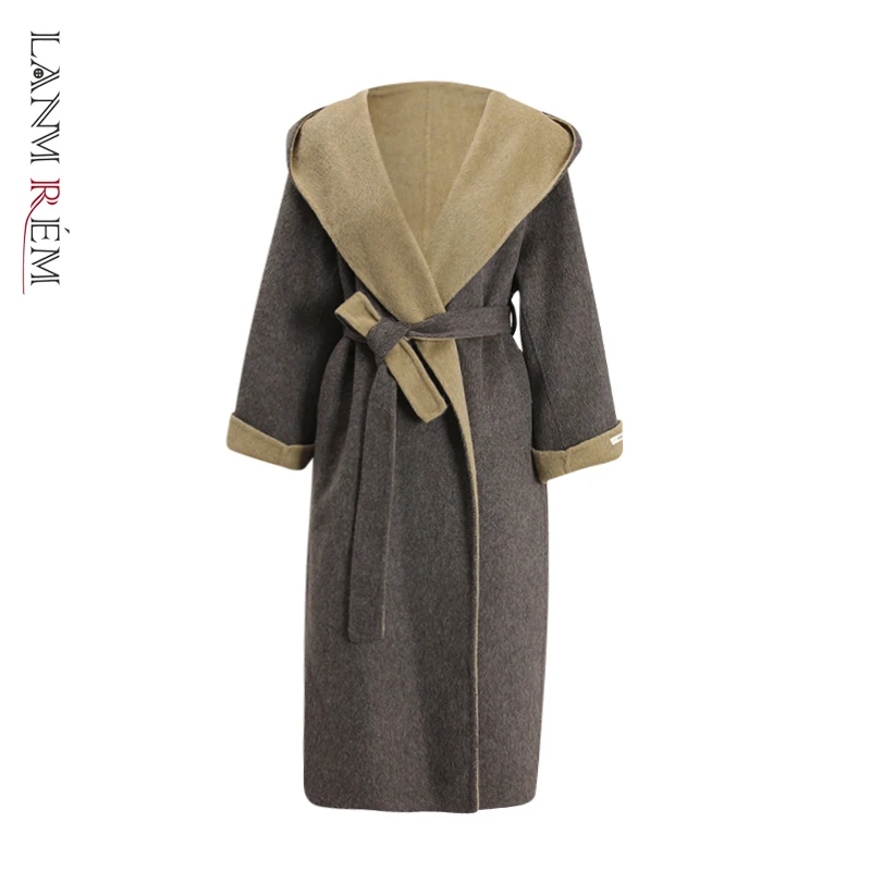 LANMREM Two-tone Hooded Casual Chic Women's Double-faced Woolen Coat autumn Winter Loose Bandage Waist Design Overcoat CPG4198