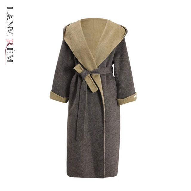 LANMREM Two-tone Hooded Casual Chic Women's Double-faced Woolen Coat autumn Winter Loose Bandage Waist Design Overcoat CPG4198