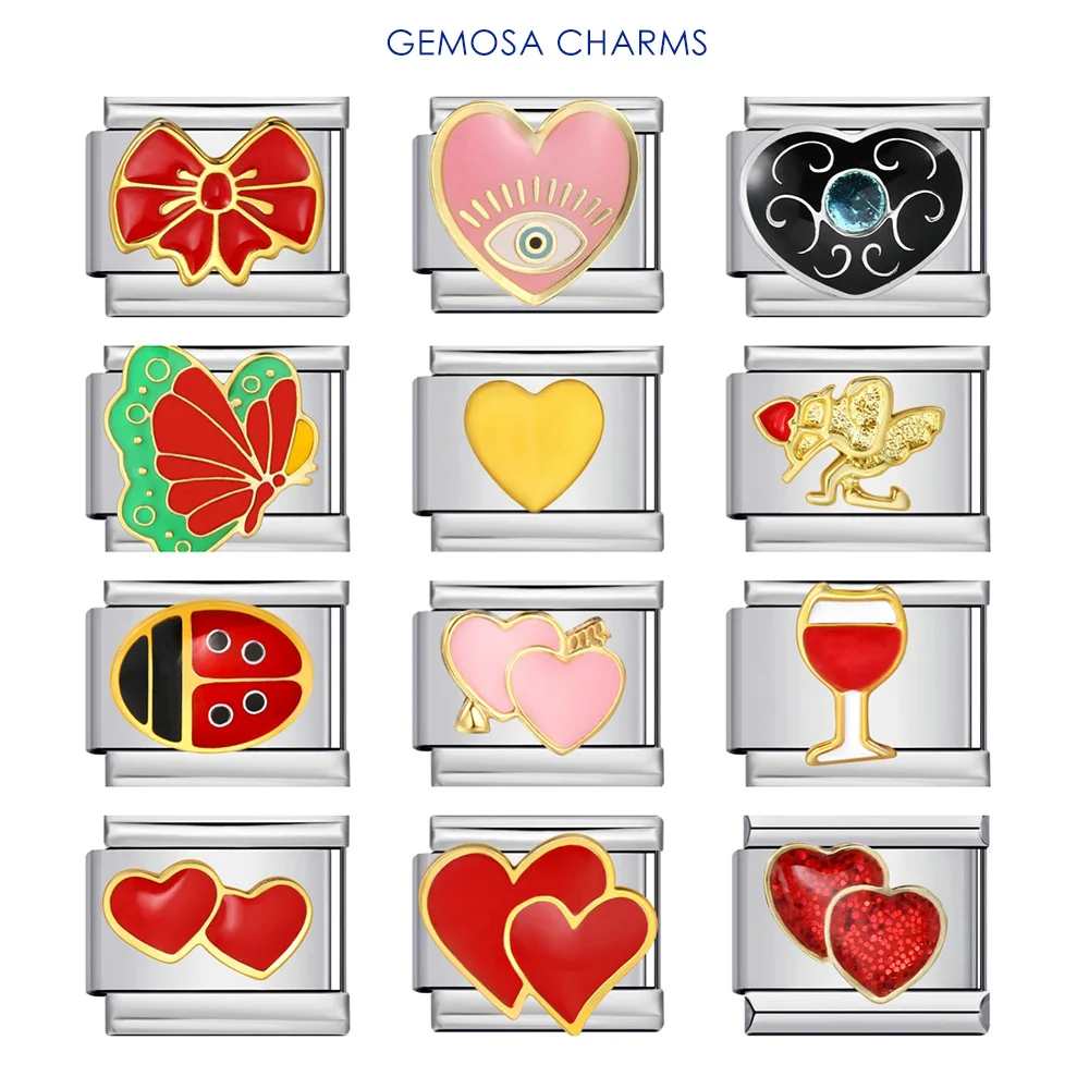 GEMOSA Mode Rote Serie Doppel Herz Schmetterling Italienische Charms Armband Link Fit 9mm Edelstahl Schmuck DIY Machen Perlen