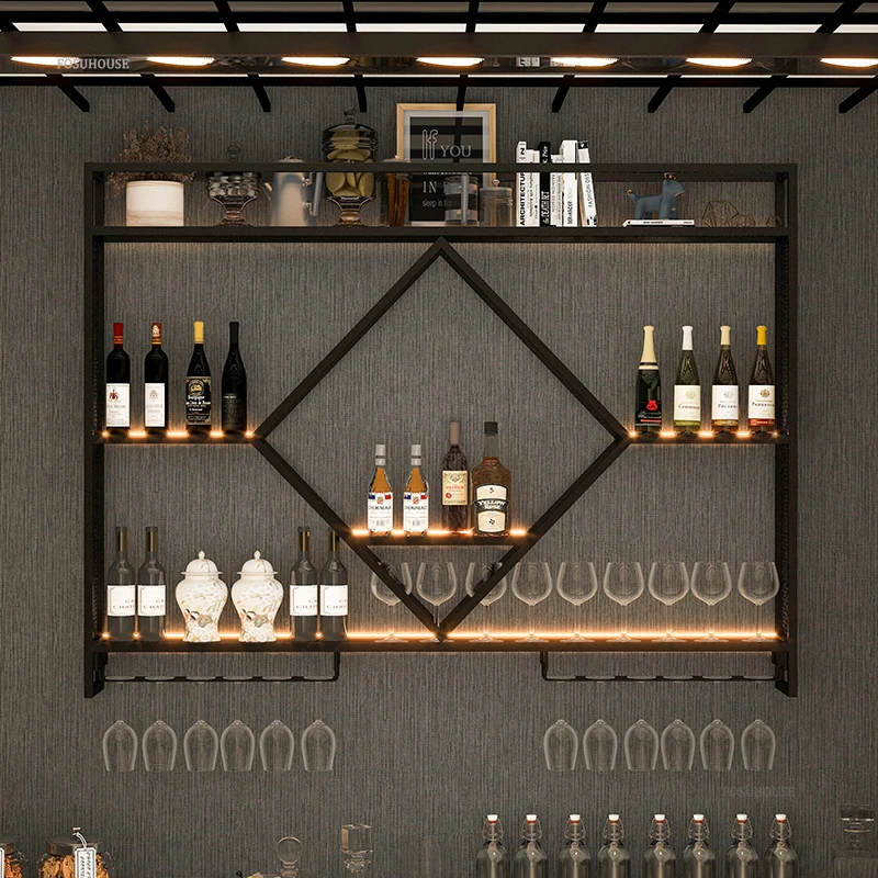 Nordic Wrought Iron Wine Rack for High-end Restaurant Wine Display Cabinet Light Luxury Wall-mounted Bar Decorative Cabinet
