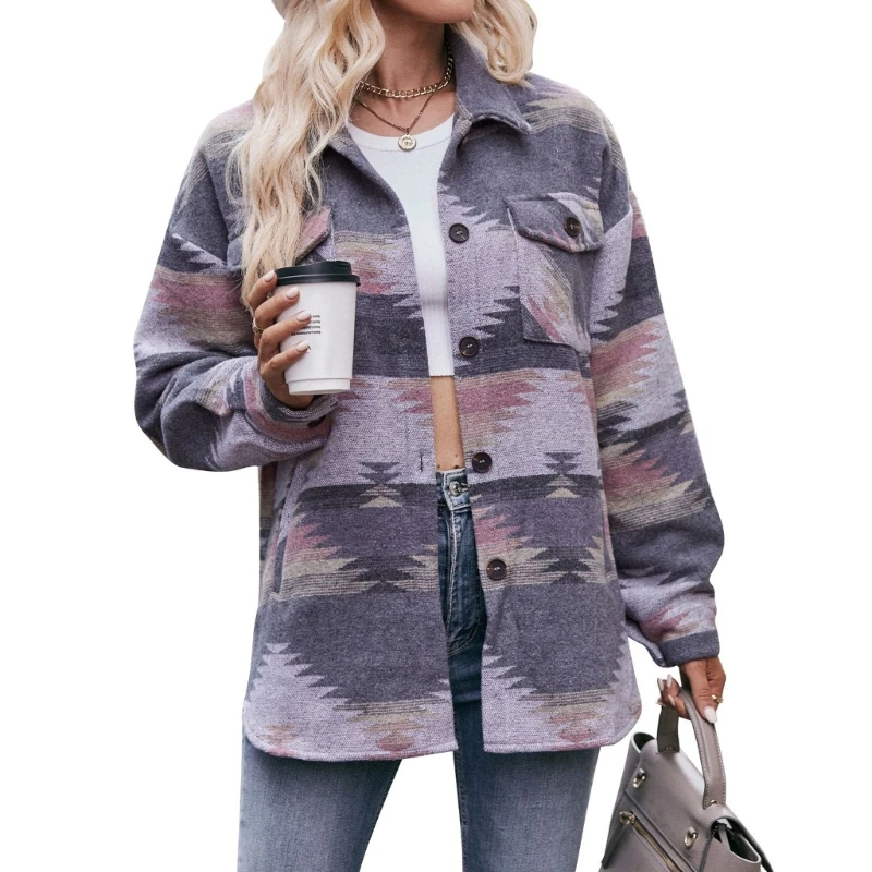 

Women's Printted Shacket 2023 Long Sleeve Button Up Shirt Fall Winter Jackets Woolen Coats Fashion Outerwear Tops 517D