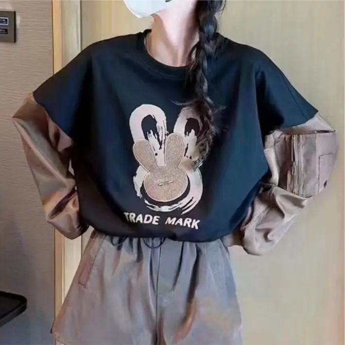 Dropped Shoulder Sleeves Hoodies Pullover Fall American Cartoon Rabbit Loose Slimming Patchwork Long-Sleeved T-Shirt For Women